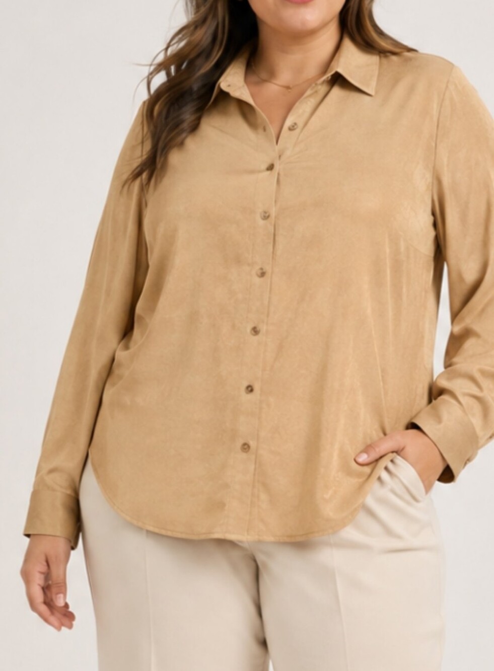 NWT Coldwater Creek Faux Chamois 1X Elegant Tan Women's Button-Up Shirt Layering